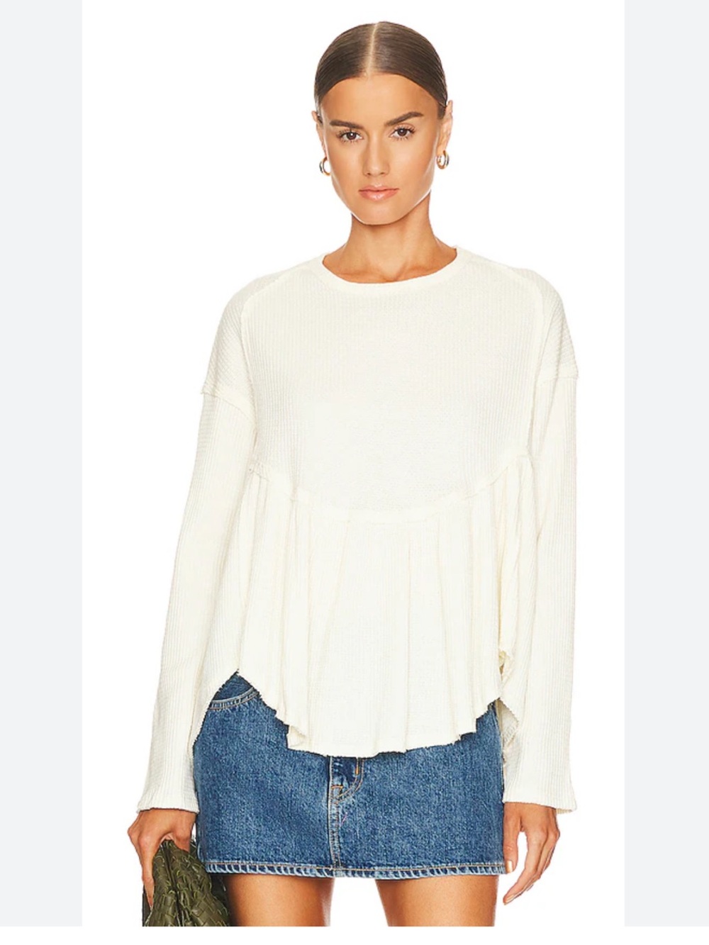 We The Free Light Cream Ribbed Peplum Long Sleeve Top